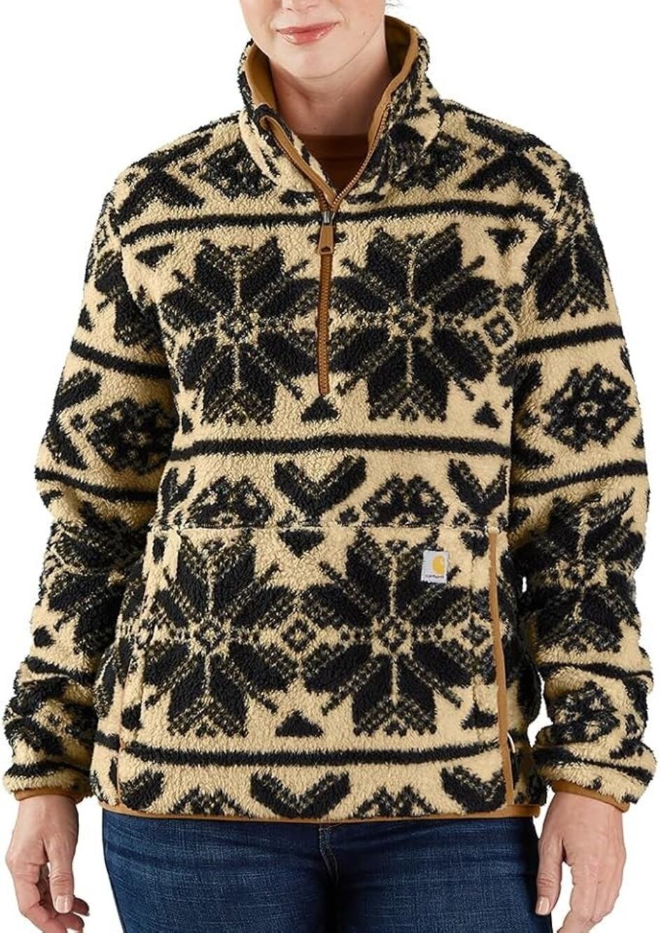 Carhartt Quarter Zip Pullover Fleece Jacket Sherpa Oat Milk Black Fair Isle XL